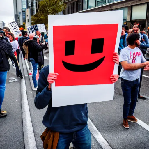 Image similar to photograph of smiling man holding a protest sign saying'xd ', high detail, 8 k resolution