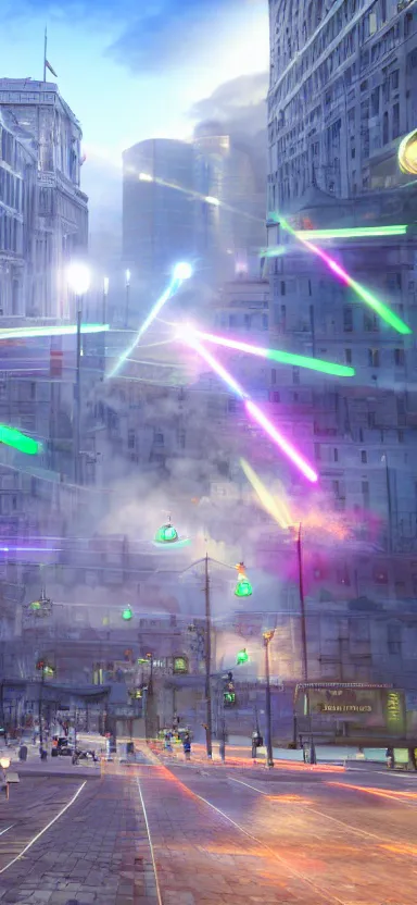 Prompt: unreal engine 5 render of a happy city on a sunny day with lasers coming out of the clouds, digital art ”