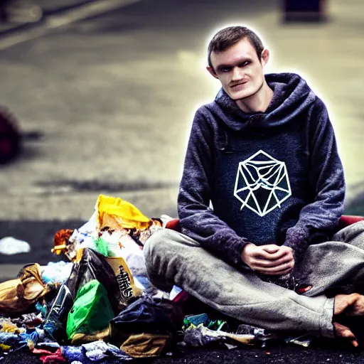 Image similar to Vitalik Buterin as a homeless wizard prentending to cast a spell , ethereum logo can be seen in the surrounding garbage - Photo manipulated by DALLE