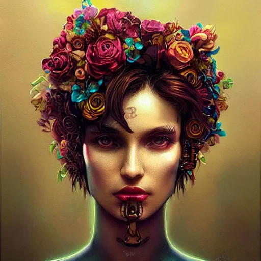 Image similar to Lofi cyberpunk portrait beautiful woman with short brown curly hair, roman face, phoenix, rainbow, floral, Tristan Eaton, Stanley Artgerm, Tom Bagshaw