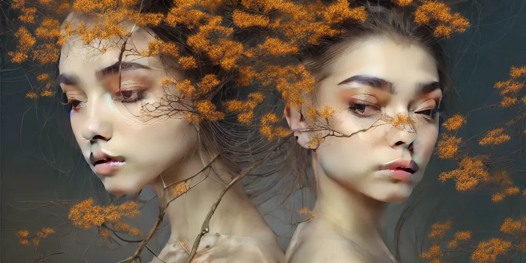 Prompt: breathe into euphoria, alterd carbonm madison beer with a branches growing from her head, four heads fractal, geisha, dreamy ethereal vibe,, atmospheric, detailed intricate render, fibbonacci, detailed illustration, hd, 4 k, digital art, overdetailed art, gold, surrealistic, by greg rutkowski, by loish, trending on artstation, deviantart