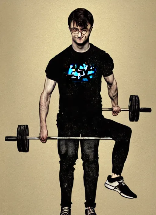 Image similar to a highly detailed full body portrait of Daniel Radcliffe as Harry Potter doing barbell back squats, wearing a muscle tee shirt, intricate detail, digital painting, old english, raining, sepia, particles floating, gym background by marc simonetti, artwork by ross tran + ramond swanland + liam wong, concept art, smooth, sharp focus, illustration, cinematic lighting