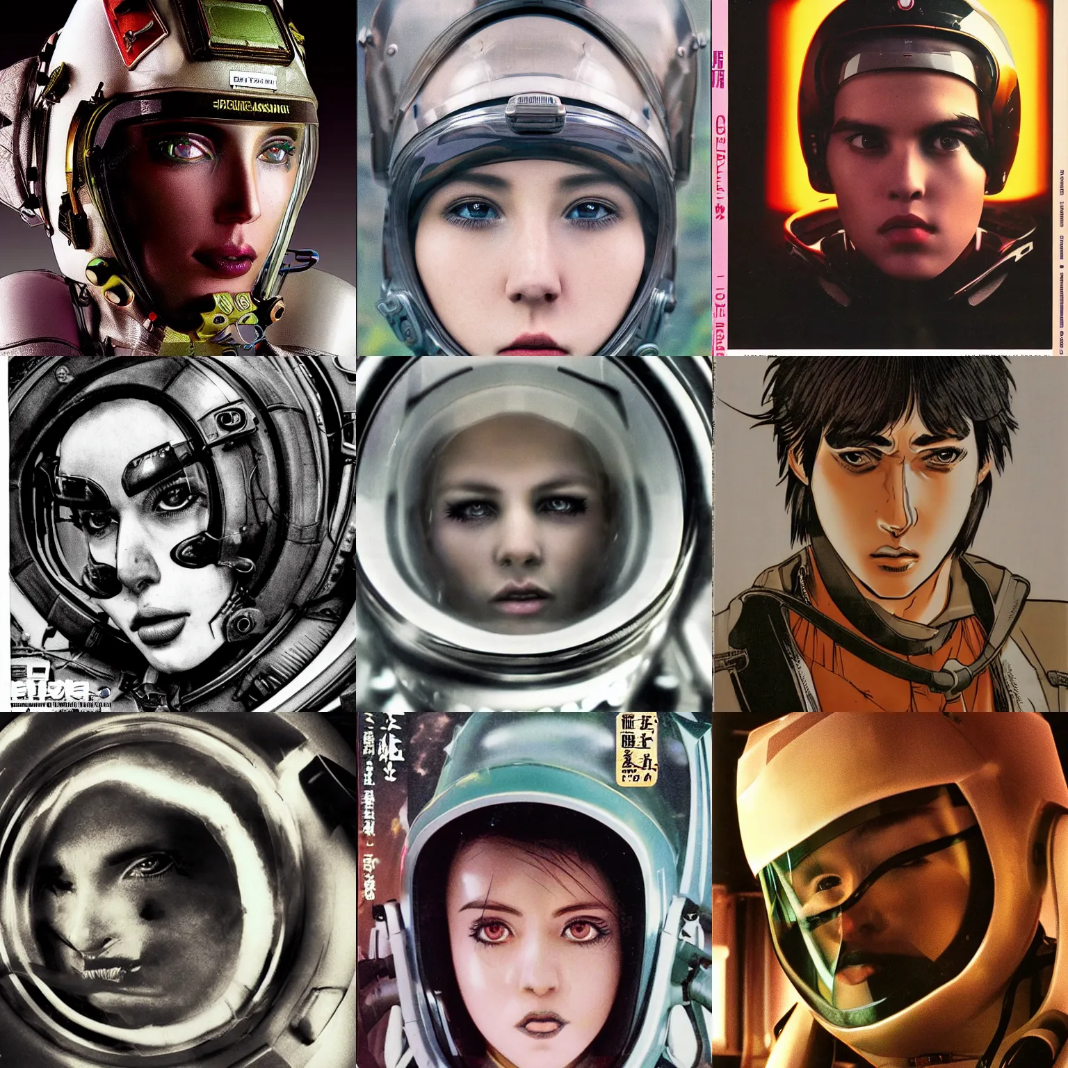 Prompt: beautiful extreme closeup portrait photo in style of 1990s frontiers in retrofuturism deep diving helmet seinen manga magazine sid mead edition, highly detailed, focus on pursed lips, eye contact, soft lighting