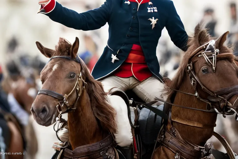 Image similar to closeup portrait of emmanuel macron dressed as napoleon riding a tiny miniature horse, natural light, sharp, detailed face, magazine, press, photo, steve mccurry, david lazar, canon, nikon, focus