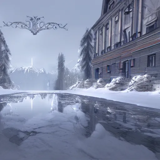 Prompt: mirror's edge in russia, winter concept art, artstation, unreal engine, game screenshot with hud and hands