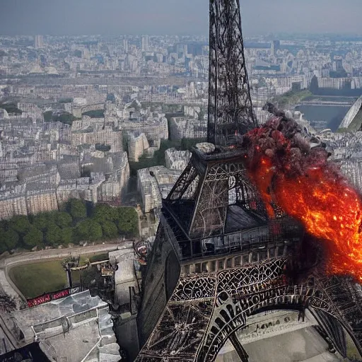 Image similar to A Guy standing a top of Eiffel tower, Zombie apocalypse, Zombie everywhere, Fire everywhere, Building destroyed, People screaming, Horde of zombies,