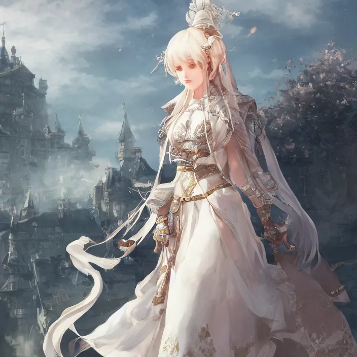 Image similar to character portrait princess of the white herald on an imperial castle, hidari, color page, tankoban, 8 k, tone mapping, akihiko yoshida, cinematic lighting, elegant, digital painting, artstation, haze, sharp focus