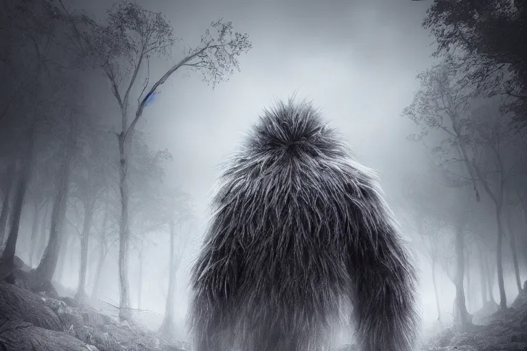 Image similar to a giant terrifying monster made out of detailed fur, standing faraway in the far distance, realism, photo realistic, high quality, misty, hazy, ambient lighting, cinematic lighting, studio quality, scary,