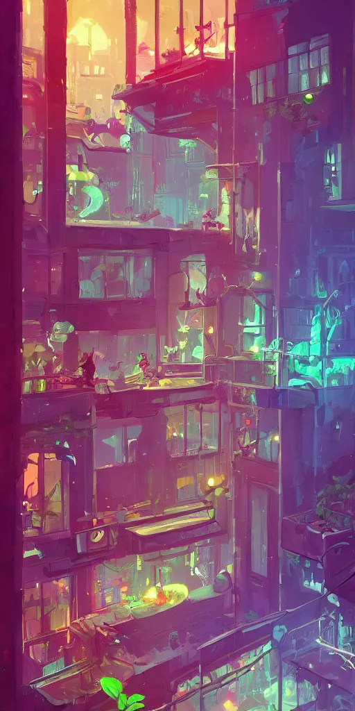 Image similar to a lush windowsill with plants on it, looking out to a cityscape with neon signs, interior of room, detailed digital concept art by anton fadeev, John Howe, and marc simonetti, trending on artstation