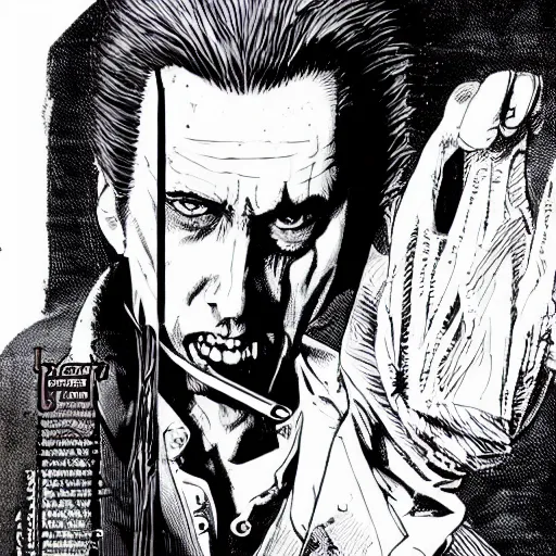 Image similar to Vampire Hunter Nicolas Cage esoteric graphic novel illustrated by Yoshitaka Amano written by Fred Durst