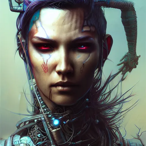 Prompt: a hyperrealistic 3 d render of a cyberpunk - hunter by artgerm, beksinski and geiger. intricate details. believable eyes. head and shoulders. front on, symmetrical. epic fantasy art. indian mythology