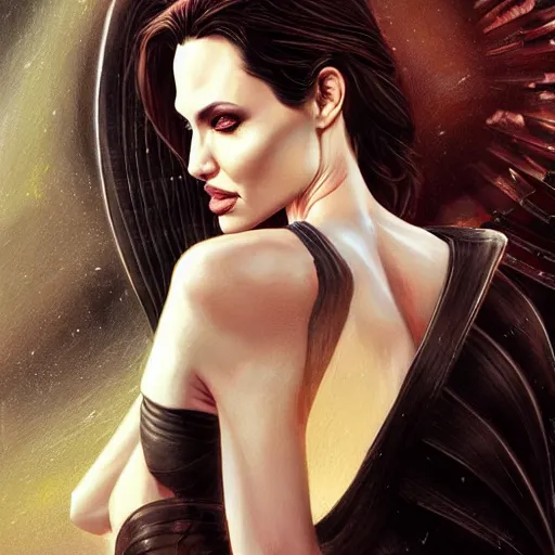 Image similar to Angelina Jolie as Lucifer Morningstar, highly detailed, digital painting, artstation, concept art, smooth, sharp focus, illustration, ArtStation, art by Katsuhiro Otomo and Tom Bagshaw