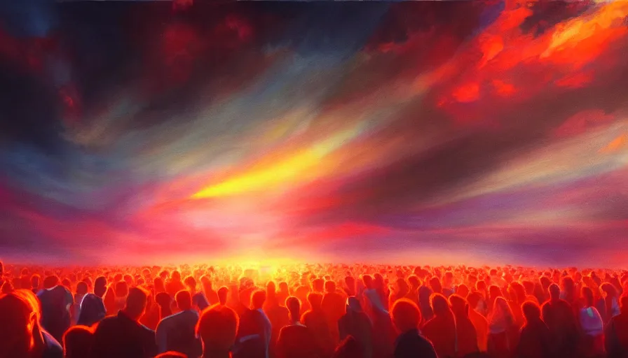 Image similar to painting of a crowd reaching towards the glowing sky, volumetric lighting, nasty, hyperdetailed, realistic