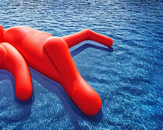 Image similar to a giant sculpture made out of of inflatable pool toys in a human head shape, on the surface of the ocean, in the style of chad knight, long shot, hyper detailed, hyper realistic, ray tracing, 8 k resolution, sharp focus, realistic water, award winning sculpture