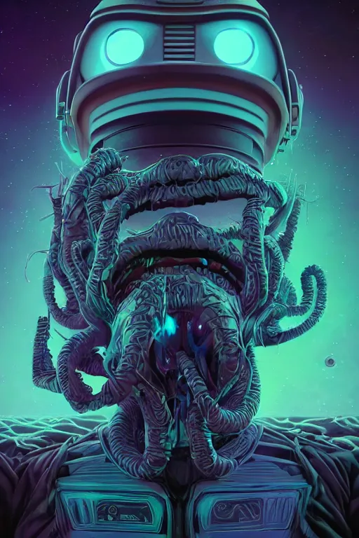 Prompt: rick and morty fused with lovecraft and vader helmet, high details, intricate details, by vincent di fate, artgerm julie bell beeple, 90s, Smooth gradients, octane render, 8k, volumetric lightning, High contrast, depth of field, very coherent symmetrical artwork