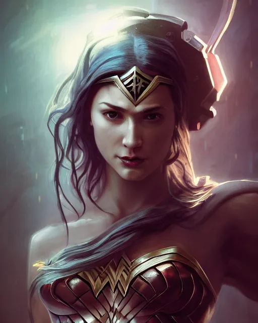 Image similar to Full shot of a wonder woman squid monster astronaut defined facial features, intricate abstract. cyberpunk, symmetrical facial features. By Ruan Jia and Artgerm and Range Murata and WLOP and Ross Tran and William-Adolphe Bouguereau and Beeple. Key Art. Fantasy Illustration. award winning, Artstation, intricate details, realistic, Hyperdetailed, 8k resolution.