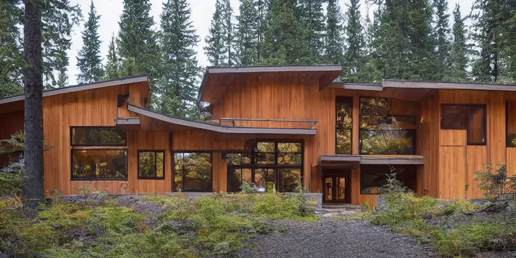 Prompt: large modern lodge type residence, cascadian, cedar and concrete, many large windows