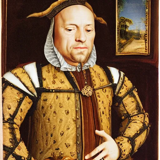 Prompt: a highly detailed portrait of dwane the rock johnson, wearing elegant tudor clothes, inside a room with thick red tapestries, oil painting by hans holbein and alessandro allori and richard burbage