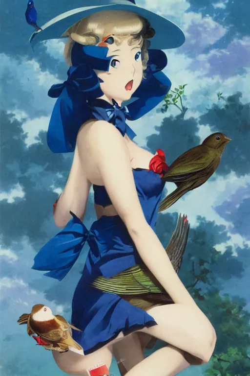 Prompt: anime pinup girl, shes holding an indigo bunting, bird, the bird is wearing a bowtie, by greg rutkowski, rossdraws, gil elvgren, enoch bolles, anime, porcelain skin, very coherent