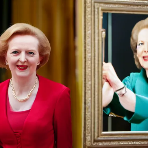 Prompt: liz truss looking in a mirror and seeing margaret thatcher as her reflection, 4k
