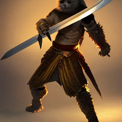 Prompt: a warrior cat holding a long sword in a combat stance, 3 d rendered, 3 d rendering, dramatic lighting, unreal engine, digital painting, concept art, smooth, sharp focus, illustration, 8 k resolution, trending on art station, cinema 4 d, behance hd