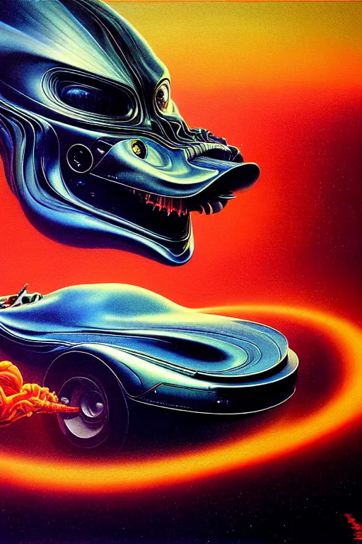 Prompt: a hyperrealistic painting of a sharp futuristic hotrod vehicle with chrome pipes and engine scoops shooting out fire, cinematic horror by chris cunningham, lisa frank, richard corben, highly detailed, vivid color, beksinski painting, part by adrian ghenie and gerhard richter. art by takato yamamoto. masterpiece