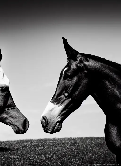 Image similar to two horses black and white portrait white sky in background