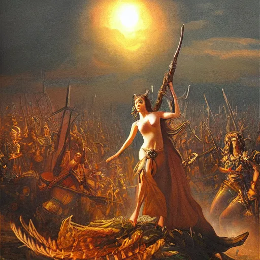 Image similar to the goddesses fraya going to war with her army, oil painting, golden hour, high detail.