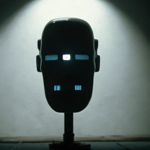 Prompt: movie scene of a man with a robot head, movie still, acting, cinematic composition, cinematic lighting, tungsten lighting, Movie by David Lynch and Andrzej Żuławski