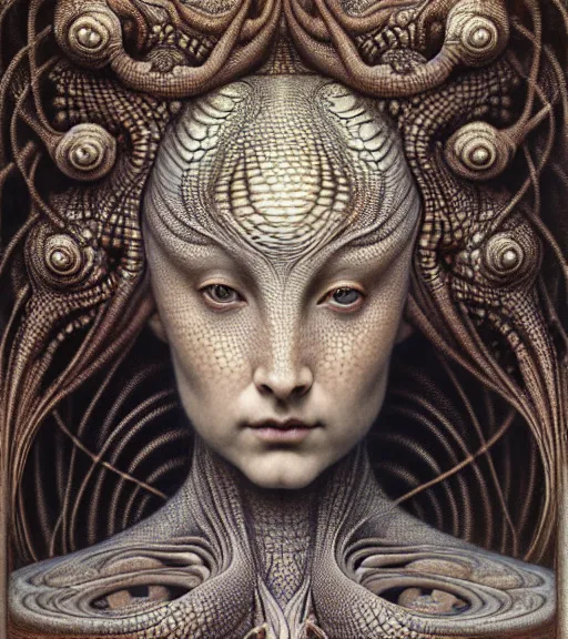 Prompt: detailed realistic beautiful reptile goddess face portrait by jean delville, gustave dore, iris van herpen and marco mazzoni, art forms of nature by ernst haeckel, art nouveau, symbolist, visionary, gothic, neo - gothic, pre - raphaelite, fractal lace, intricate alien botanicals, ai biodiversity, surreality, hyperdetailed ultrasharp octane render