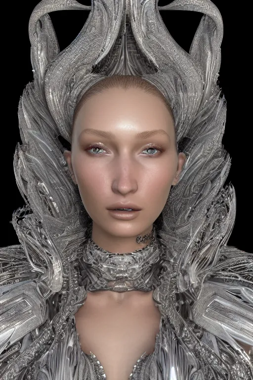 Prompt: a highly detailed metahuman 4 k render close up of an angelic alien goddess bella hadid in iris van herpen dress schiaparelli in diamonds swarovski and jewelry in style of alphonse mucha trending on artstation made in unreal engine 4