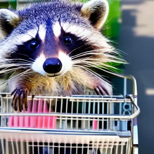 Image similar to happy raccoon pushing a grocery cart filled with medical supplies, a laptop and a face mask