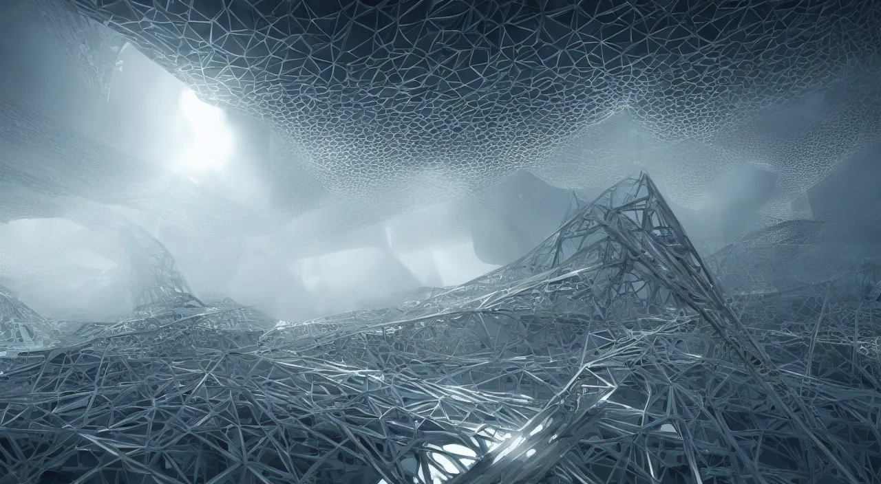 Image similar to organic crystallographic lattice parametric computational megastructure architecture, by glenn small, by albert bierstadt, photorealistic, zaha hadid, god rays, volumetric lighting, detailed, intricate, raytrace, octane, light fog, neon, bladerunner