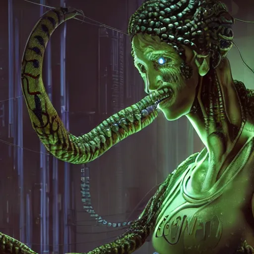 Image similar to the upper torso of a terminator gorgon medusa with borg implants, human face and robotic snakes coming out of her head is hanging from cables and wires off the ceiling of a lab. Her bottom half is missing with cables hanging out. She is taking a sip from a cup of coffee. very detailed 8k. Horror cyberpunk style. Unreal engine 5 render with nanite, path tracing and cinematic post processing. Sharp.