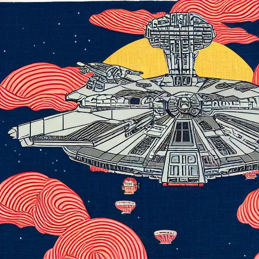 Image similar to millennium falcon attacking new york in the style of ukiyo - e