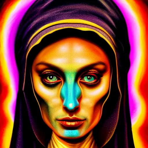 Image similar to ! dream an extremely psychedelic portrait of a nun, surreal, lsd, face, detailed, intricate, elegant, lithe, highly detailed, digital painting, artstation, concept art, smooth, sharp focus, illustration