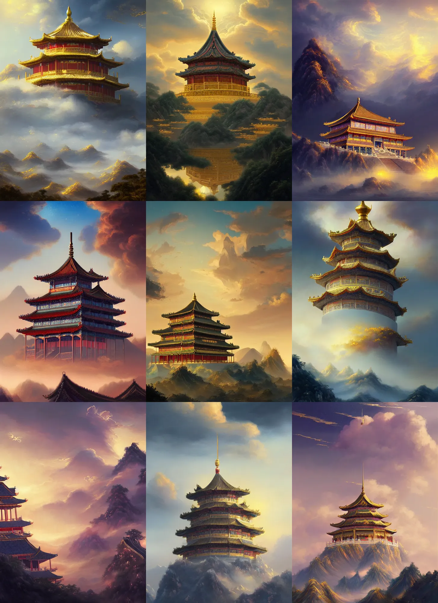 Prompt: illustration of chinese palace made with gold in the sky, majestic spires, clouds swirling, detailed, sky setting, volumetric lighting, by artgerm, joshua middleton, jeremy lipking