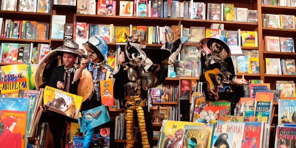 Prompt: “a portrait of a space alien mariachi band in a book store, Sigma 24mm f/8”