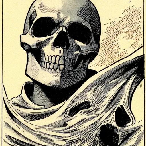 Image similar to a beautiful comic book illustration with a man in a skull head