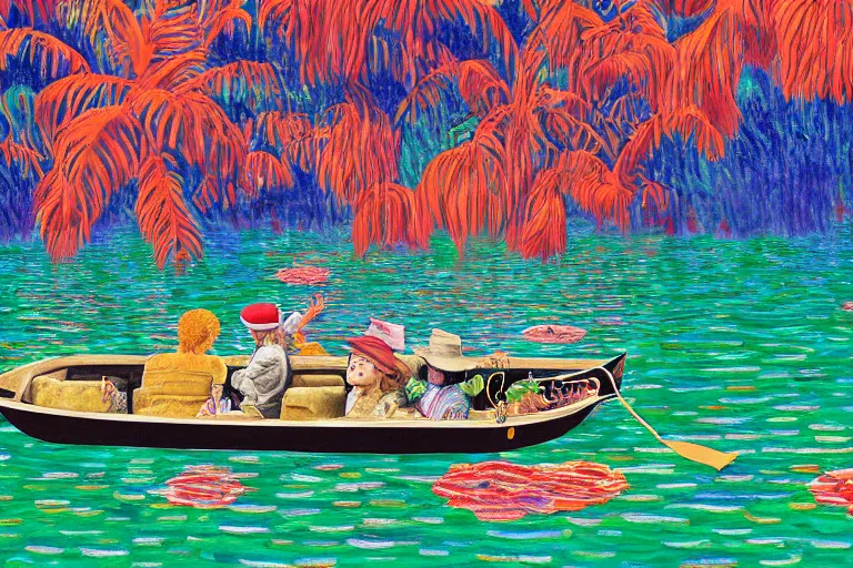 Prompt: animal in a boat floating on a river in the jungle. digital drawing, wes anderson, oscar - claude monet, grickle, puzzle agent, amelie poulain, tim burton, tomm moore