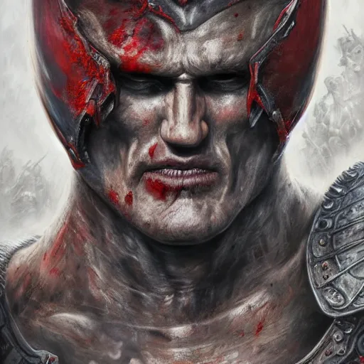 Prompt: closeup portrait shot of dolph lundgren as khorne, the blood god, lord of skulls, kharneth, battle, rage, highly detailed, digital painting, artstation, concept art, soft focus, depth of field, artgerm, tomasz alen kopera, peter mohrbacher, donato giancola, wlop, boris vallejo