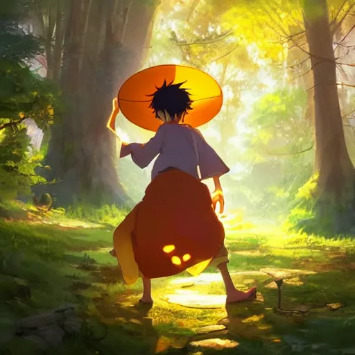 Image similar to concept art painting of an anthropomorphic luffy wearing a yellow cloak, holding a lantern, in the deep forest, realistic, detailed, cel shaded, in the style of makoto shinkai and greg rutkowski and james gurney