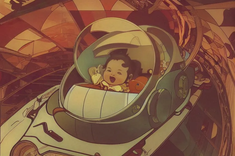 Image similar to a baby in a spaceship, very detailed, smooth render, illustration, art style by shigeru miyamoto and Alphonse Mucha