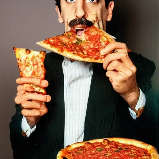 Prompt: borat eating pizza, wet, sloppy gross, obnoxious