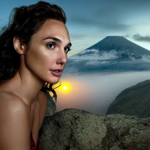 Prompt: Portrait of the beautiful woman Gal Gadot, she is posing, she has a crown of flowers, she is sitting on a rock at the side of a volcano, there is fog, she is getting ulluminated by the rays of the sunset, the photo was taking by Steve McCurry, matte painting, oil painting, naturalism, 4k, 8k