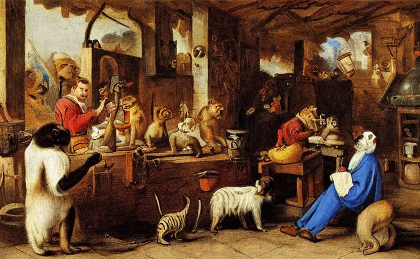 Prompt: barber shop with monkeys and cats by abraham teniers