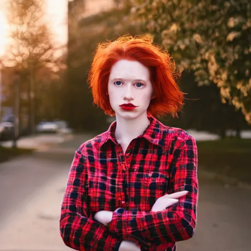 Prompt: photograph, closeup portrait of a young pale woman with shoulder length red hair, tired eyes, freckles, wearing red flannel, soft lighting, city background, sunset, bokeh, urban setting, high contrast, sharp, portra 8 0 0, photographed by annie leibovitz, trending on tumblr,