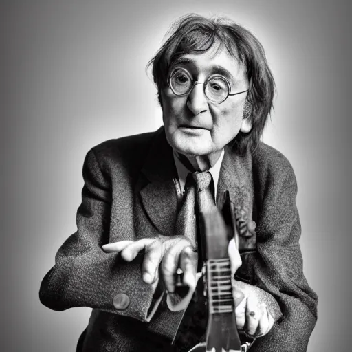 Image similar to old john lennon singer at age 9 0 years old, color ( sony a 7 r iv, symmetric balance, polarizing filter, photolab, lightroom, 4 k, dolby vision, photography award ), vogue, perfect face