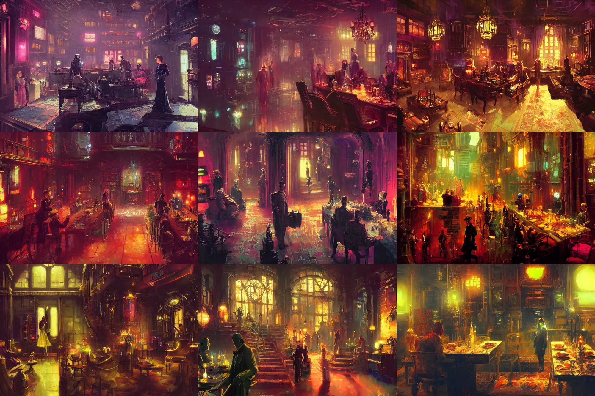 a cyberpunk downton abbey, interior shot, dinner party | Stable ...