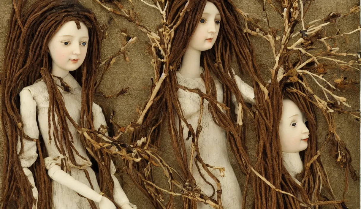 Prompt: a cinematic portrait of a beautiful female jointed handmade wooden art doll, made of wood, dreadlocks with twigs and branches, reaching out to each other, oak trees, oak leaves, acorns, dendritic, ooak, painting by fernand khnopff, detailed